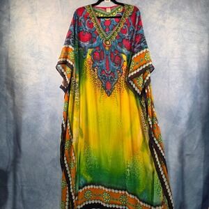 Creations Embellished Kaftan Maxi Dress Multi Color Boho Leopard Print Free Size